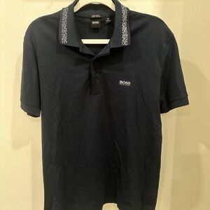 SOLD Boss Dark Blue Polo Shirt with Patterned Collar